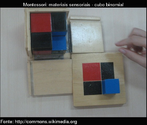 O cubo binomial  um cubo que tem as seguintes peas: um cubo vermelho, trs prismas preto e vermelho, trs prismas preto e azul, e um cubo azul. Uma caixa com oito prismas representa os elementos de (a + b) 3 ou: a3 + 3a2b + 3ab2 + b3  As peas so armazenadas em uma caixa com dois lados de abertura basculante. O padro de cores do cubo  pintado em todo o exterior da caixa (exceto a parte inferior).  O material no  concebido como para o ensino de matemtica at o ensino fundamental Montessori, pois para crianas de 3 a 6 anos  utilizado como matria-sensorial.