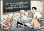 A charge de Clayton Bennett "Qual a importncia da tica na sociedade de hoje?", provoca a reflexo sobre a prtica de valores que so trabalhados no contexto escolar, como  o caso do tema "tica". A educao para cidadania trabalhada na escola enfrenta desafios quanto a viso individualista que tem como concepo a realizao dos objetivos pessoais em detrimento das necessidades coletivas. 